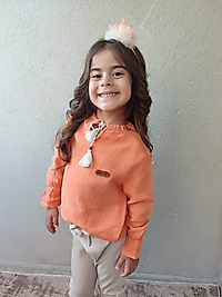 Muslin Pamuklu Kolları Lastikli Önden Püskül Boncuk Detaylı Kız Gömlek Pantolon Takım