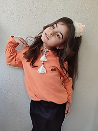 Muslin Pamuklu Kolları Lastikli Önden Püskül Boncuk Detaylı Kız Gömlek Pantolon Takım