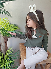 Muslin Pamuklu Kolları Lastikli Önden Püskül Boncuk Detaylı Kız Gömlek Pantolon Takım