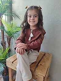 Muslin Pamuklu Kolları Lastikli Önden Püskül Boncuk Detaylı Kız Gömlek Pantolon Takım