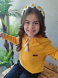 Muslin Pamuklu Kolları Lastikli Önden Püskül Boncuk Detaylı Kız Gömlek Pantolon Takım