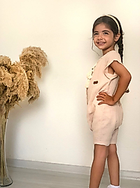 Ünisex Müslin Pamukklu Önden Düğmeli Tulum Krem