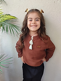 Muslin Pamuklu Kolları Lastikli Önden Püskül Boncuk Detaylı Kız Gömlek Pantolon Takım