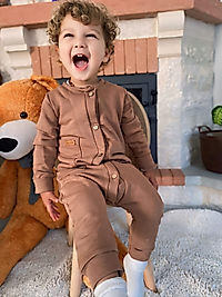 Önden Düğmeli Yandan Cepli Kahverengi Tulum Unisex