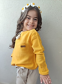 Muslin Pamuklu Kolları Lastikli Önden Püskül Boncuk Detaylı Kız Gömlek Pantolon Takım