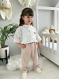 Ünisex Düğme Cep Detaylı Vizon Beyaz Takım