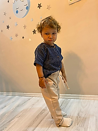 Müslin Pamuklu Cizgili Lacivert Gömlek ve Krem Pantolon