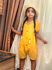 Ünisex Müslin Pamukklu Önden Düğmeli Tulum Sarı