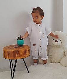 Önden Düğmeli Püskül Detaylı Yandan Cepli Tulum Beyaz